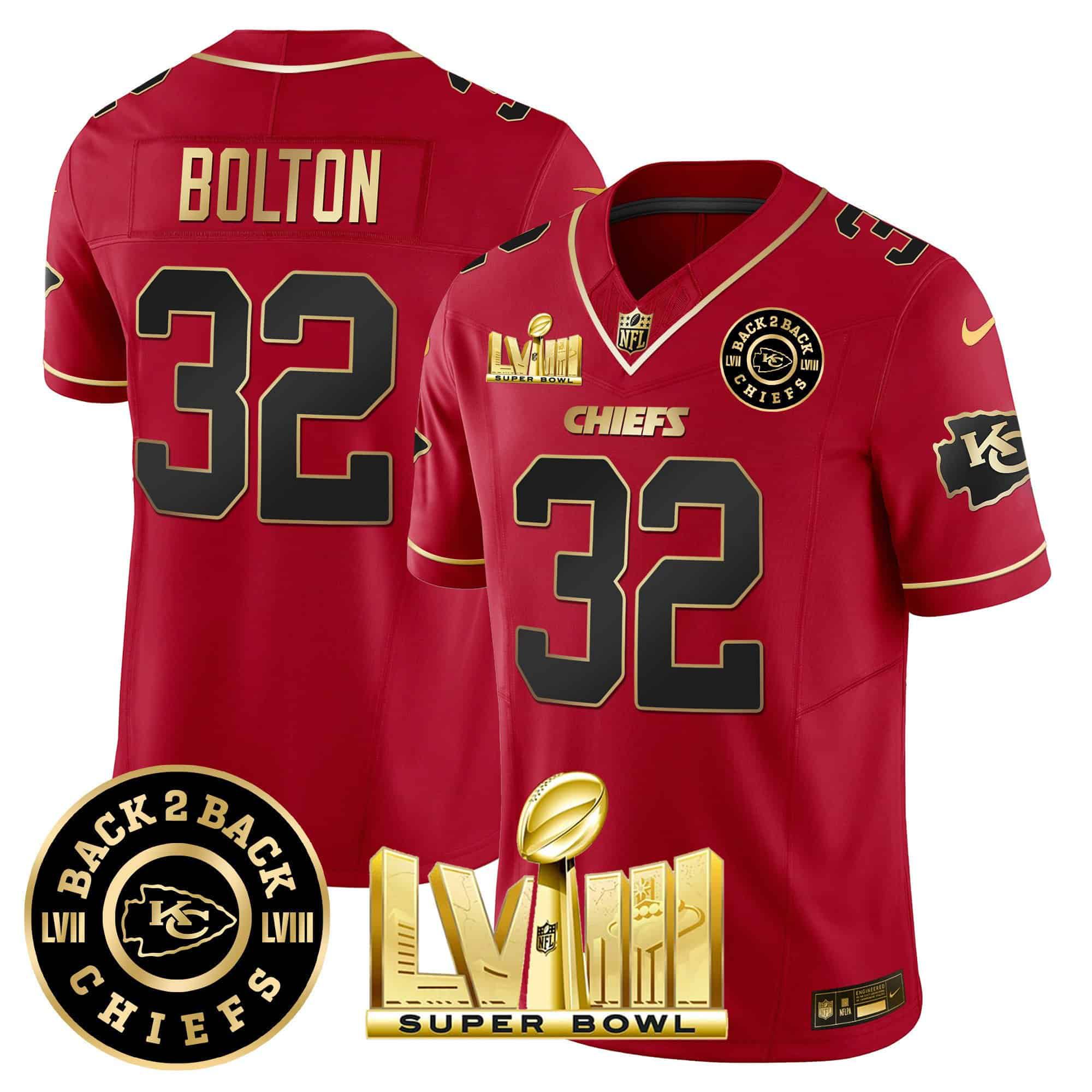 Men Kansas City Chiefs 32 Bolton Red 2024 Nike Super Bowl LVIII & Back 2 Back Patch Vapor NFL Jersey style 2